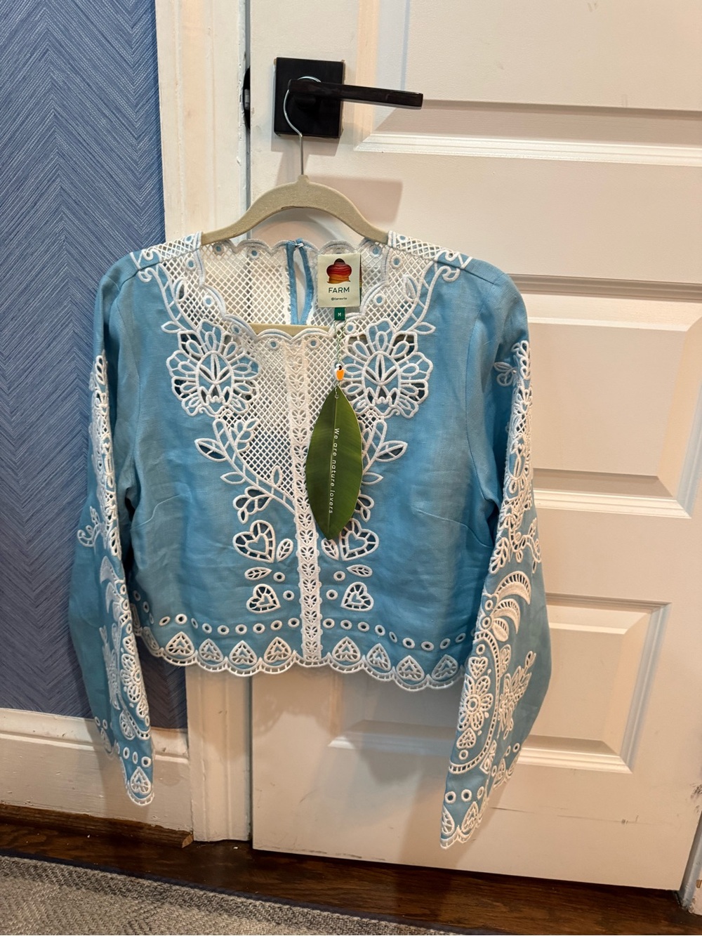 NWT FARM Rio Light Blue Embroidered Lace-Trim Tunic